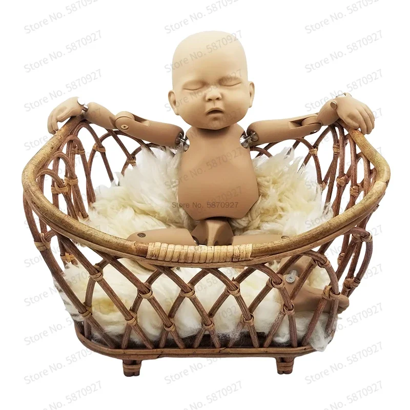 Newborn Photography Props Basket Vintage Rattan Baby Bed Weaving Baskets Wooden Crib for Bebe Photo Shoot Furniture Accessories