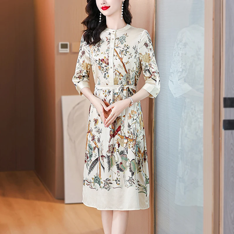 Silk Dr femmes été 2024 Ele petit col montant jeune Sle soie Midi Dr imprimé fleuri fibre de Polyester