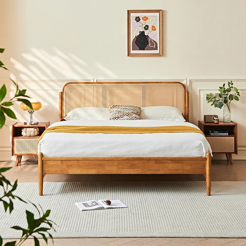 

Wabi-sabi style home bedroom 1.8m rattan back wedding bed vintage style homestay hotel imitation rattan solid wood double bed
