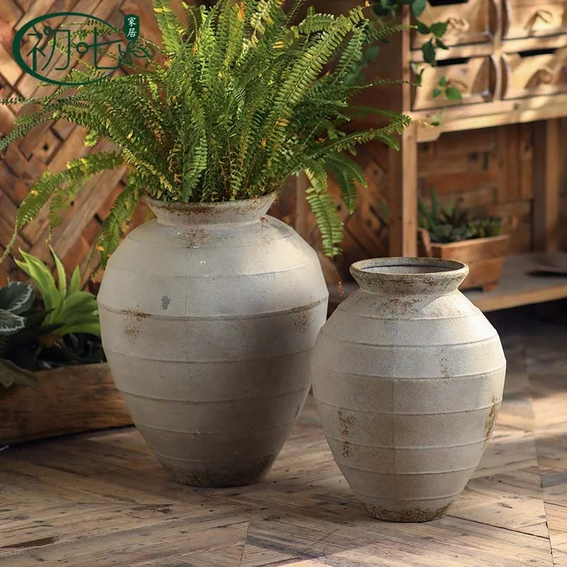 Wabi Sandy Wind Coarse Pottery Decorative Jar Retro Old Living Room Corner Flower Pot Decoration Antique Soil Pottery Pot Dried