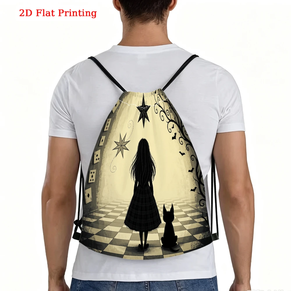 Gothic Aesthetic Alice In Wonderland Checkered Silhouette Print Drawstring Backpack Gym Sports Outdoor Travel Bag