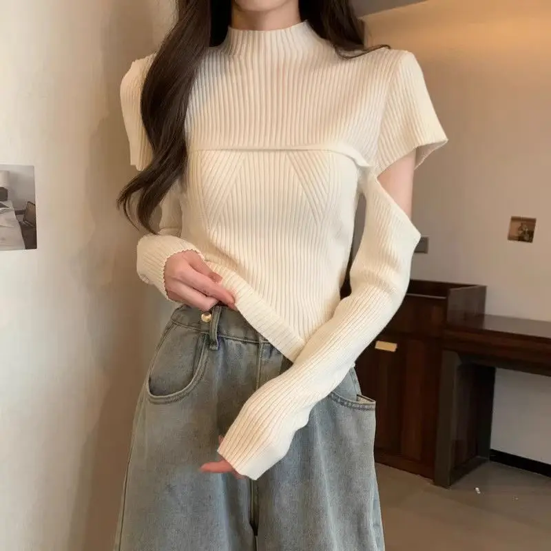 Spring Autumn New Half High Collar Long Sleeve Fashion Sweater Women High Street Hollow Out Slim Pullovers Elegant All-match Top