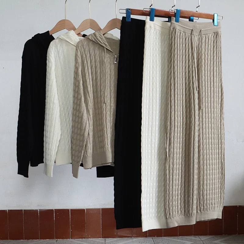 Wool Cashmere Knit Twisted Set Women Elastic Waist Straight Long Pants or Hooded Drawstring Sweater Knitted Suit for Lady