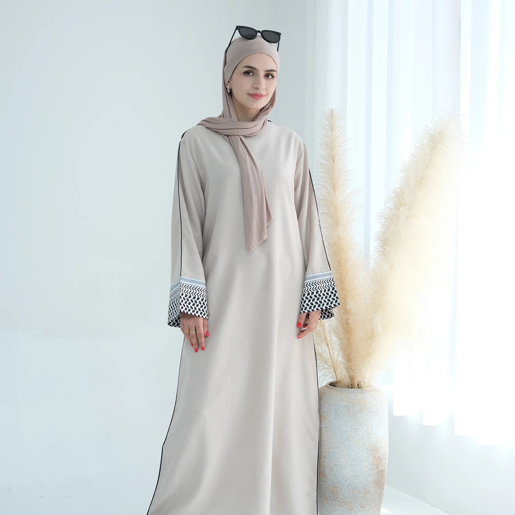 Ramadan Cotton Linen Muslim Modest Dress for Women Eid Splicing Open Abaya Dubai Islam Turkey Dresses Loose Long Sleeve Kaftan