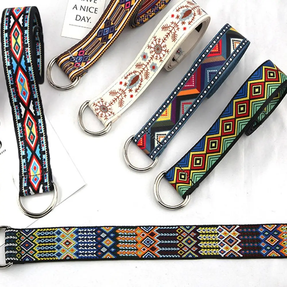 Fashion Versatile Ethnic Style Trend Weave Waist Band Nylon Braided Belt Canvas Strap Double Ring Buckle Waistband