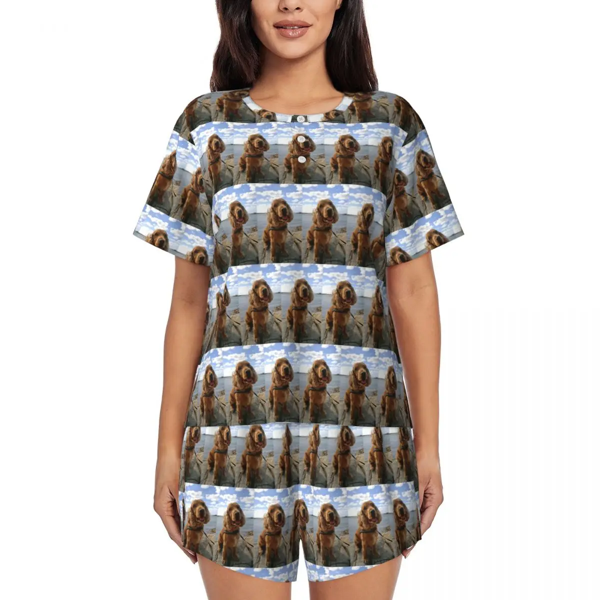 

Funny Cool Cocker Spaniel Dog Animal Round Neck Short Sleeves Nightdress for Sleepshirts Women Loose Pajama Set Short Pants
