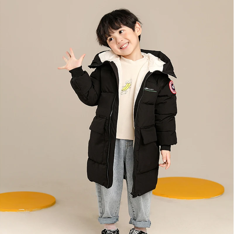 2024 Winter Children Down Cotton Jacket Baby Boys Girls Korean Version Style Medium And Long Size Hooded Coat Baby Outerwear