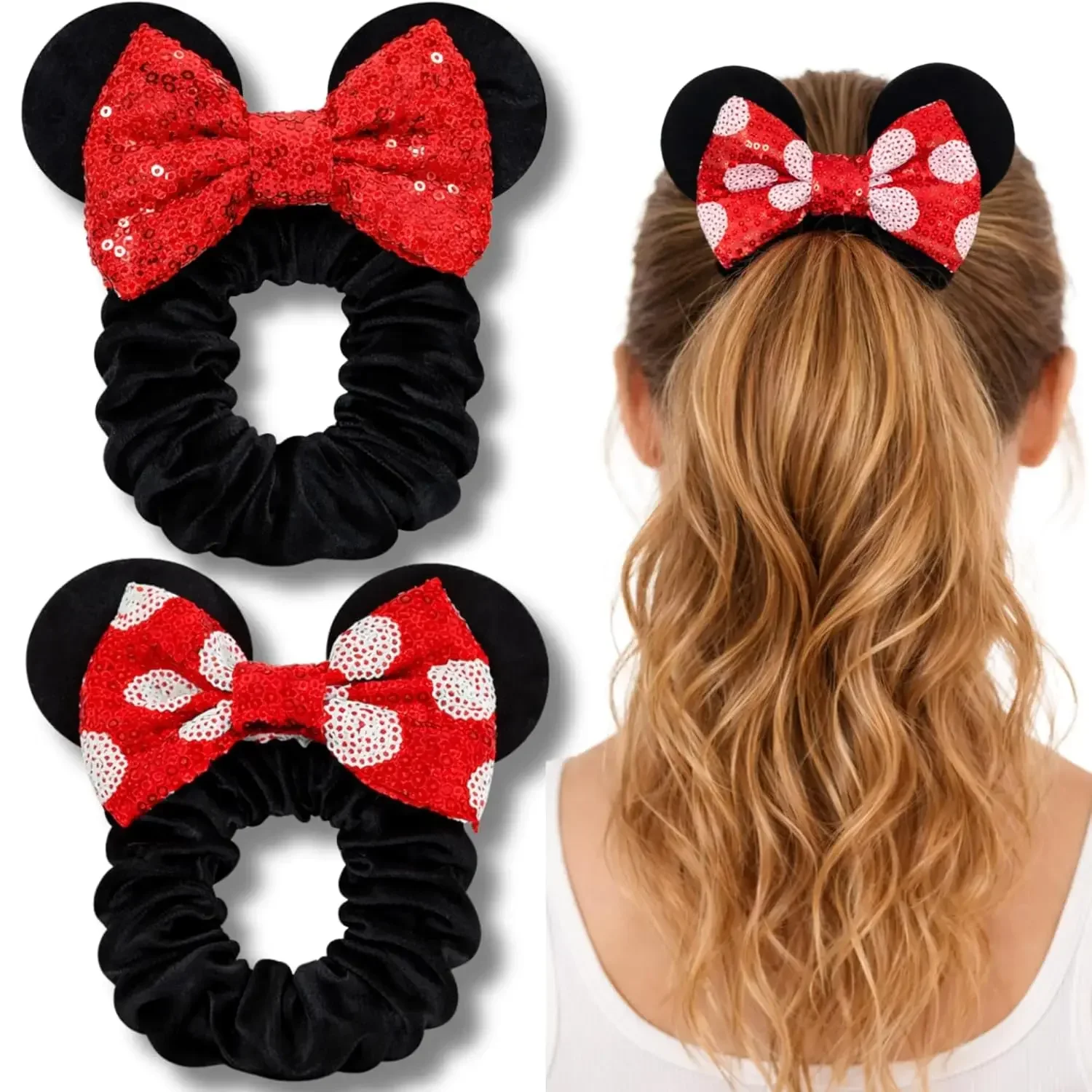 

2 Pack Mouse Ear Scrunchies – Velvet Bow Hair Scrunchies with Sequin Ears – Cute Ponytail Holder Hair