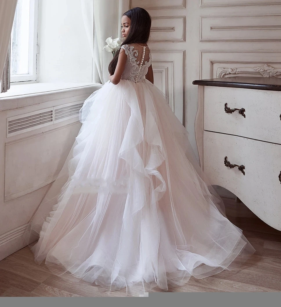 Vestido de niña de flores con cuentas de tul, cuello transparente, vestido de fiesta de boda para niños, vestido de primera comunión