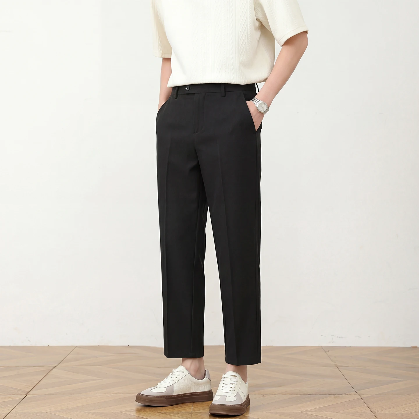 

Plus-Size Men's Black Slim-Fit Cropped Suit Pants, Summer Drapey Wrinkle-Resistant Casual Versatile Long Pants for Men