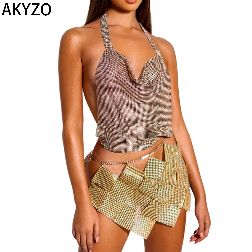 

AKYZO Rhinestone Draped Halter Neck Vest Sexy Backless Tie Back Sleeveless Party Vest Women's Clothing