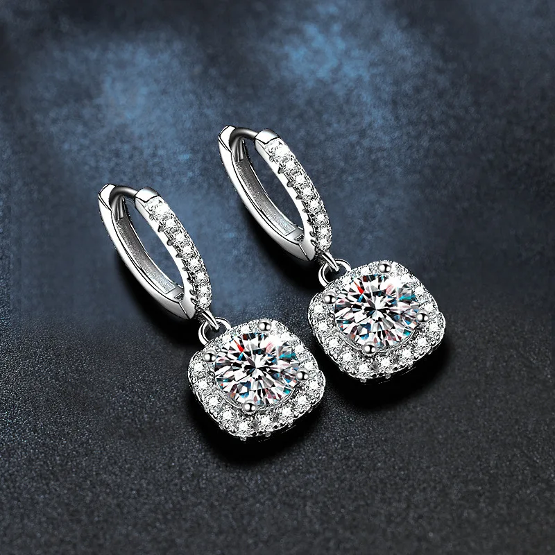 

S925 Sterling Silver Classic Square Hoop Earrings - Long Drop Moissanite Inlay Elegant Dangle Earrings for Women