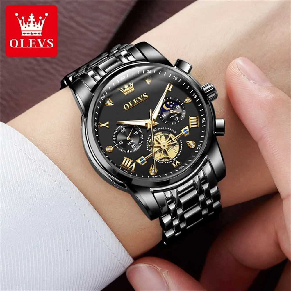 OLEVS Quartz Men's Watch Luxury Brand Waterproof Multi functional Lunar Phase Chronograph Code Watch Business Classic Men Watch