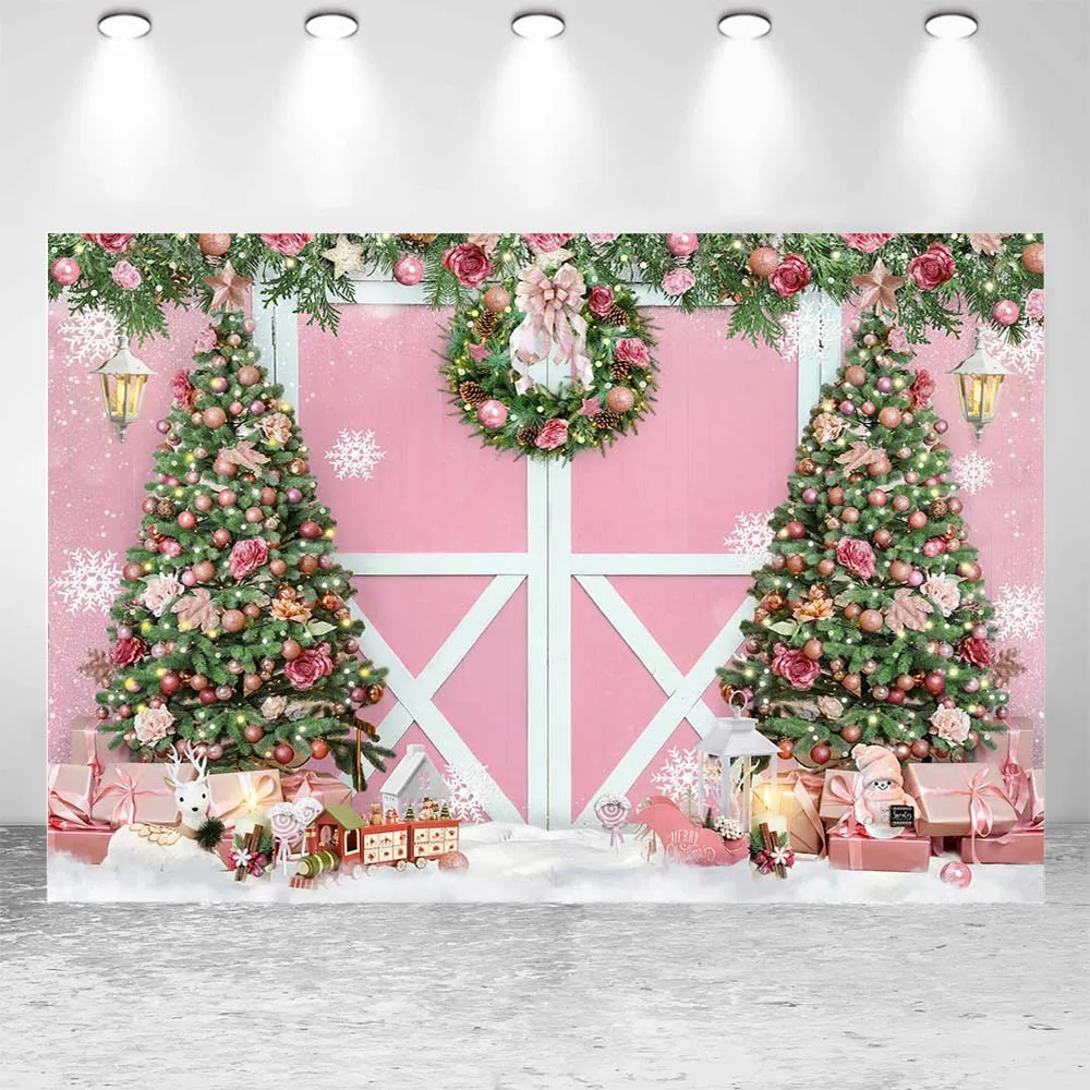 Mocsicka Pink Wall Chrsitmas Backdrop Xmas Tree Bell Wreath Snowflake Baby Kids Birthday Photography Background for Photo Studio