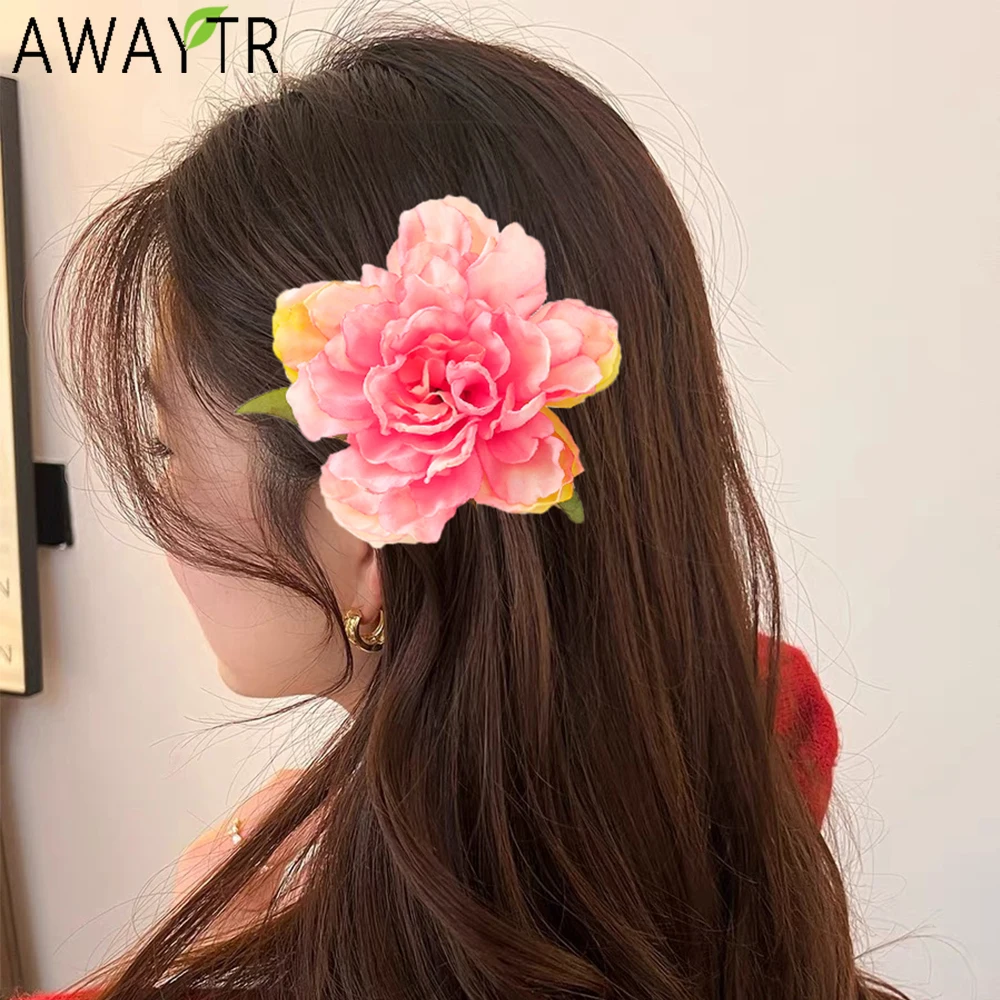 AWAYTR Peony Rose Hair Claws Farbic Flower Hair Clips Crab For Women Girl Gift Hair Accessories Valentine Headwear