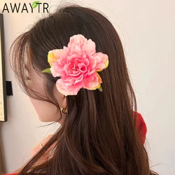 AWAYTR Peony Rose Hair Claws Farbic Flower Hair Clips Crab For Women Girl Gift Hair Accessories Valentine Headwear