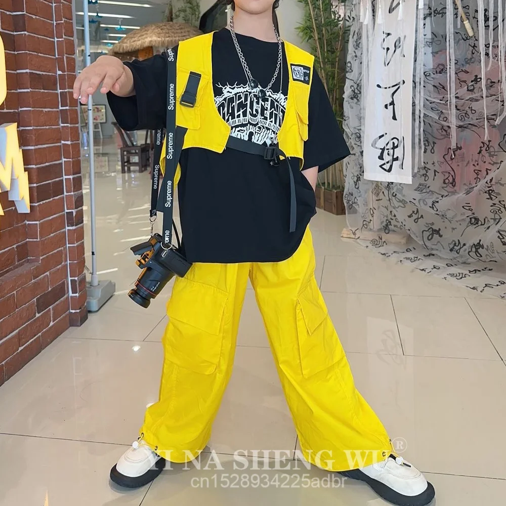 Hip Hop filles gilet jaune Cargo pantalon garçons Cool T-shirt rue danse Joggers enfants Streetwear vêtements ensembles enfants Jazz Costumes