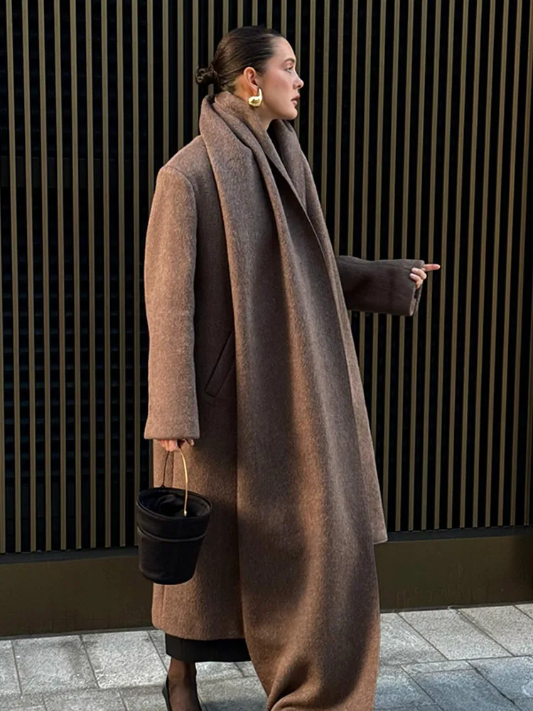 2024 Retro Brown Scarf Collar Overcoat For Women Fashion Oversized Double-breasted Pockets Long Coat Female Chic Street Outwear