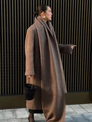 2024 Retro Brown Scarf Collar Overcoat For Women Fashion Oversized Double-breasted Pockets Long Coat Female Chic Street Outwear