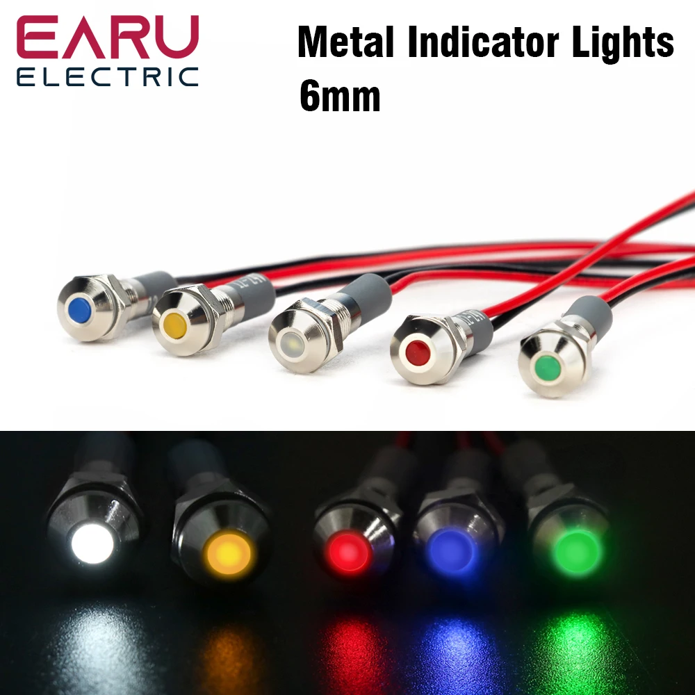 6mm Metal LED Warning indicator light Waterproof IP65 Signal Lamp Pilot Wires switch 5/12/24/220V Red Green Blue White Yellow