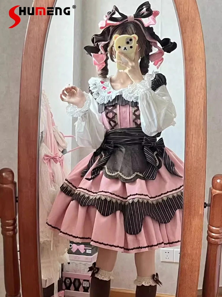 

Japanese Style Elegant Sweet Square Neck Sleeveless Striped Lace-up Bow High Waist A-line Versatile Lolita JSK Dress for Women