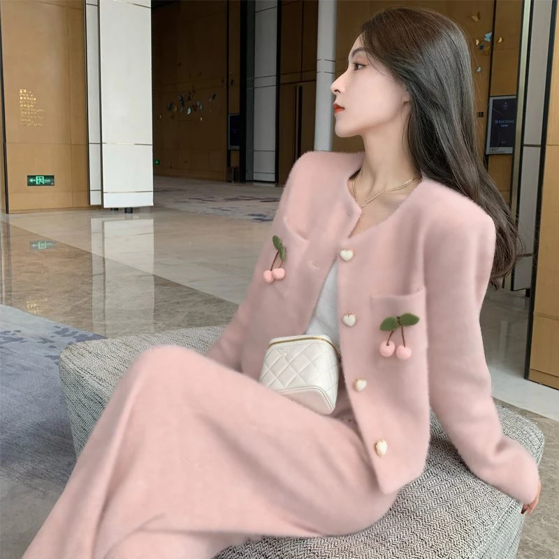 Women\'s Spring Autumn Sweet Pink Slim Coats Pants Two Piece Set Lady Korean Cute Pompom Jackets Long Trousers Outfits 2024