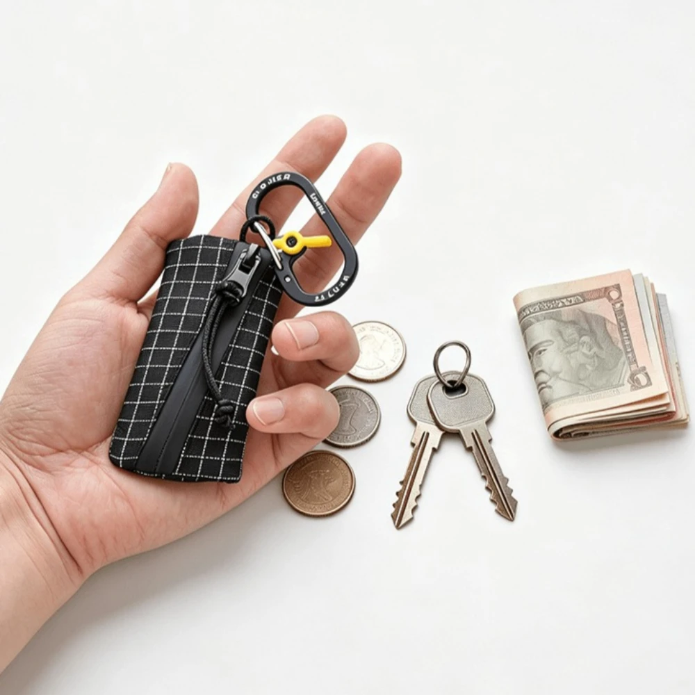 Mini Plaid Zipper Coin Purse with Carabiner, Portable Keychain Wallet for Cash,  Compact Unisex Travel, Prefect for Coins, Cards