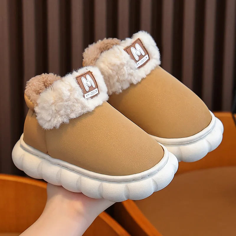 Family Matching Cotton-padded Shoes Warm Winter Thick Velvet PU Leather Waterproof Kids Boys Girls Children Parents Home Shoes