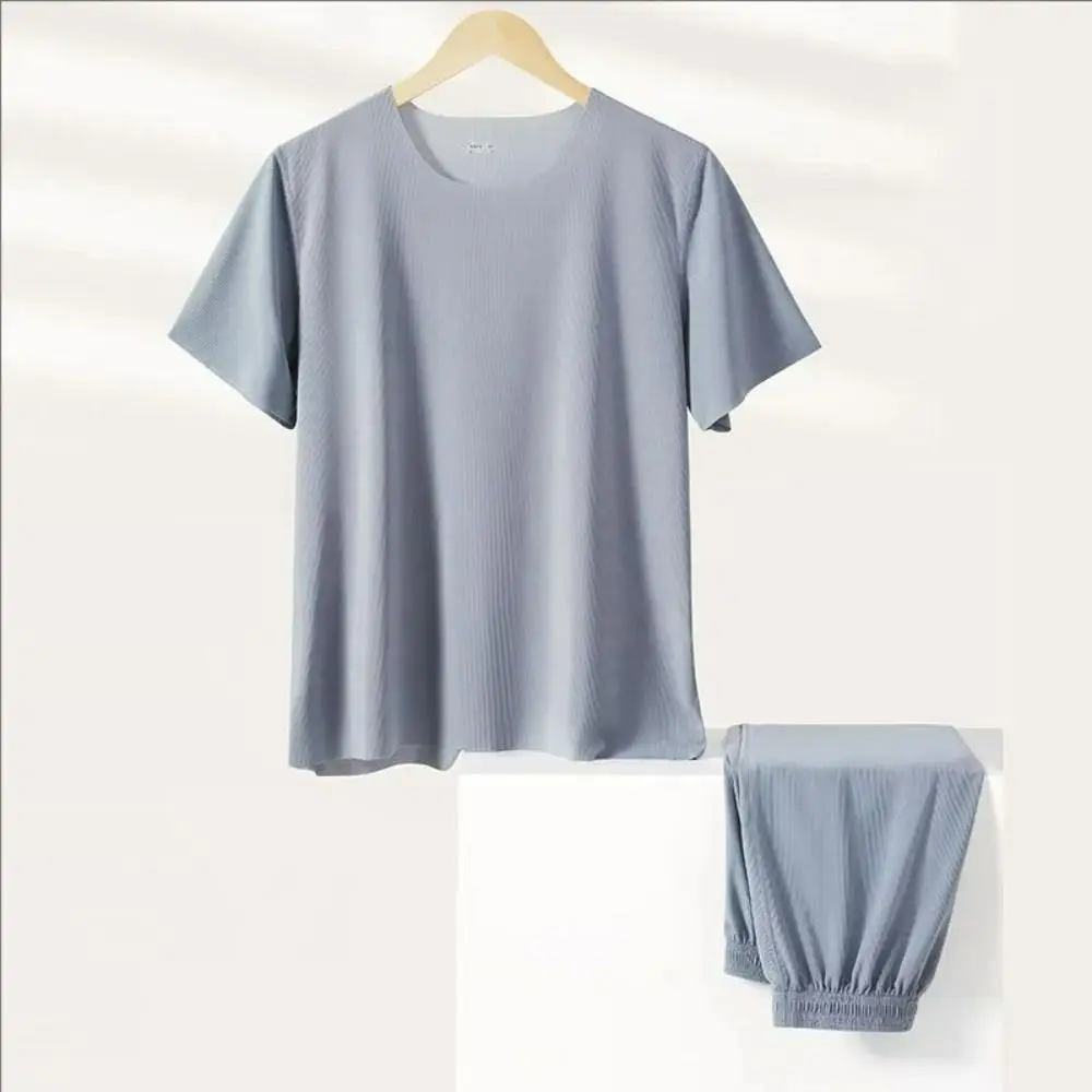ملابس نوم غير رسمية بأكمام قصيرة بدون خياطة بدلة نوم بسيطة من الحرير الجليدي للرجال بيجامات صيفية فضفاضة ملابس منزلية طقم ملابس نوم صيفي مكون من قطعتين #2