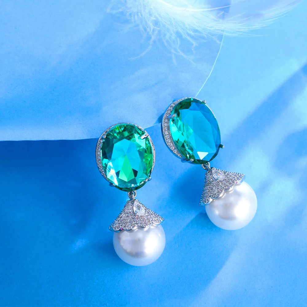 ThreeGraces Elegant Green Cubic Zirconia Big Simulated Pearl Drop Earrings for Women Luxury Bridal Wedding Party Jewelry E1933