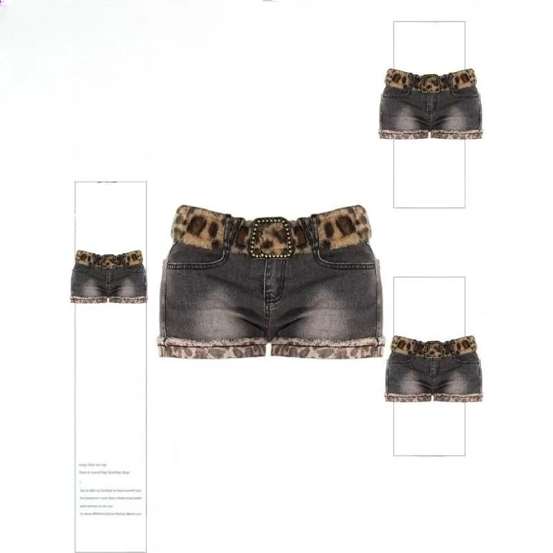 American Sexy Retro Short Jeans Women Casual Leopard Print Pattern Vintage Patchwork Solid Color Zipper Summer Low Waist Bodycon