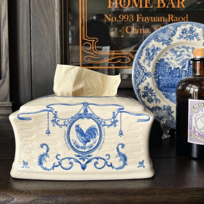 

French ceramic hand-painted, pumping carton niche retro blue pottery decorative tissue box