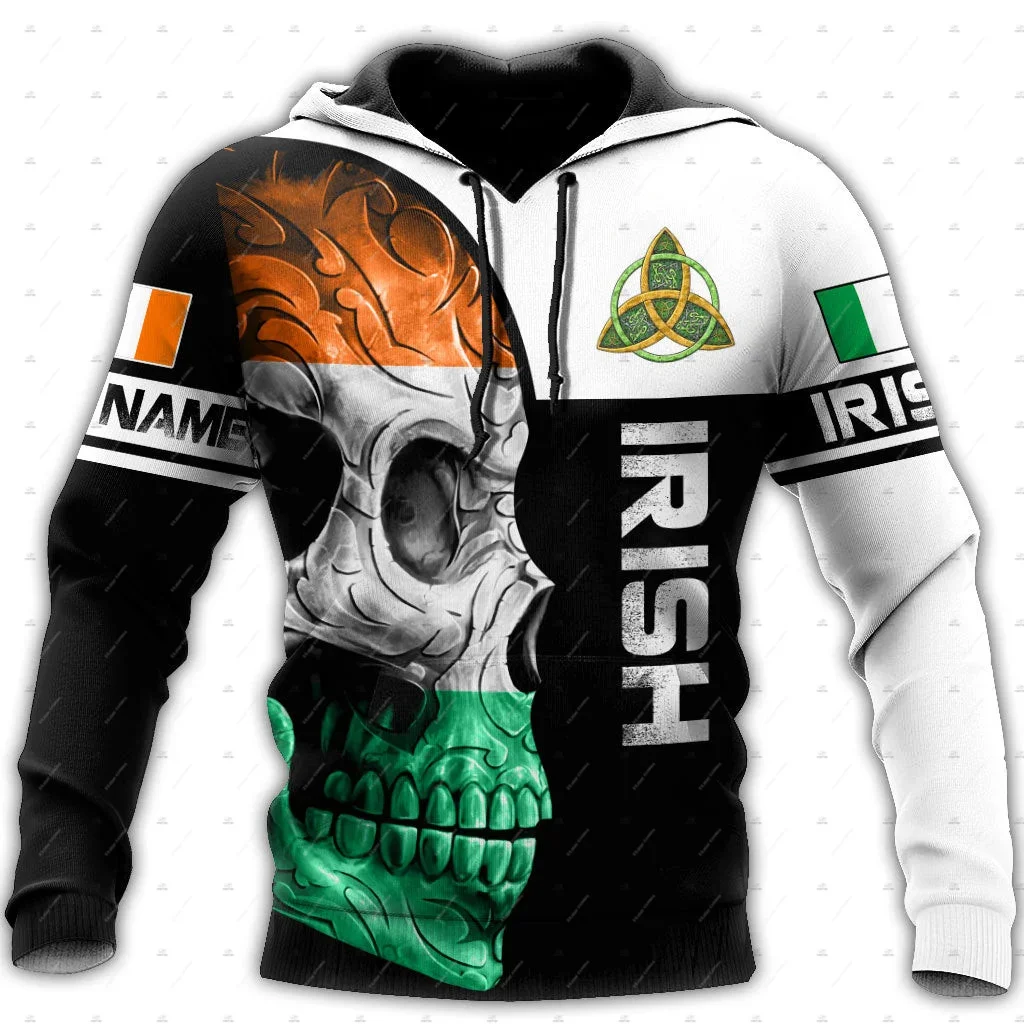 Custom Name Irish Ireland Country Flag St.Patrick Tattoo Vintage Retro Unisex 3DPrint Harajuku Pullover Casual Jacket Hoodies X6