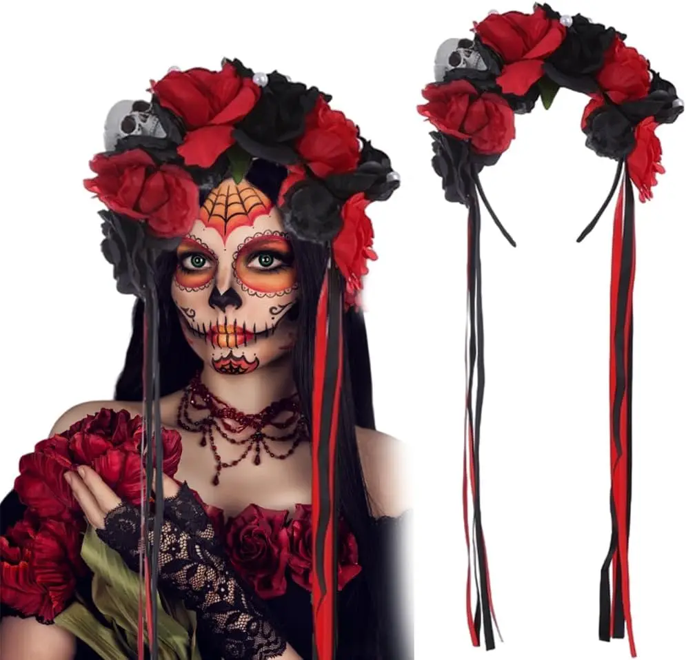 

Mexican Flower Headband Day of the Dead Rose Floral Crown Headpiece for Women Girls Halloween Costume Bridal Cosplay (Black Red)