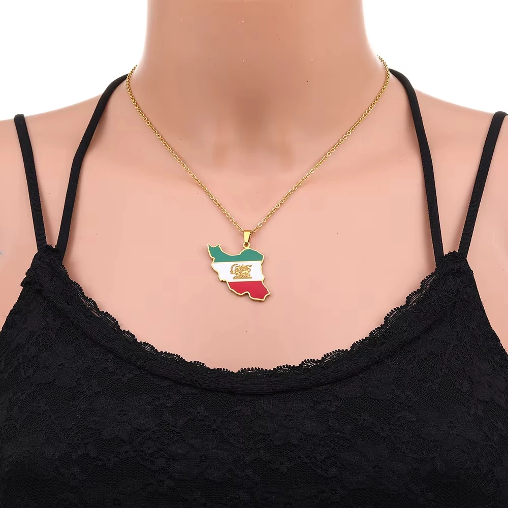 Fashion Enamel Iran Map Flag Pendant Necklaces Iranian Stainless Steel Jewelry for Women Men Girls Boys Charm Gifts
