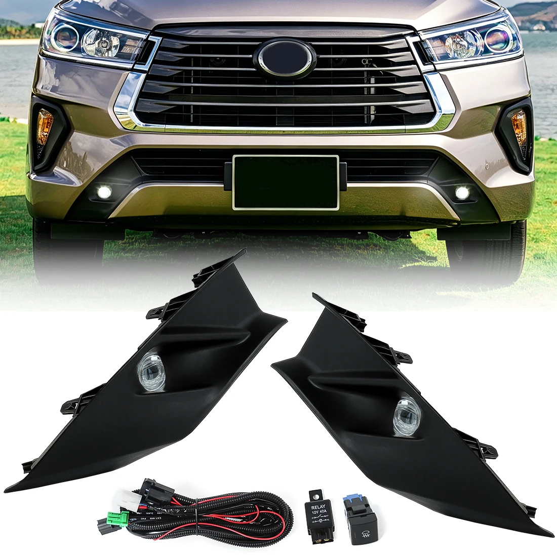 LED Front Driving Lights For Toyota Innova 2020 2021 2022 Fog Lamp Assembly White Daylight with Cover Wire 12V