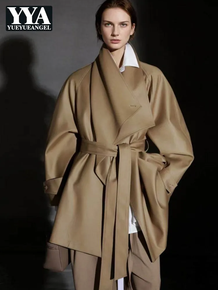 Office Ladies High Quality Lapel Trench Coat Sashes Loose Casual Outerwear Women Mid-Length Coat Long Sleeve Overcoat Hot Sale