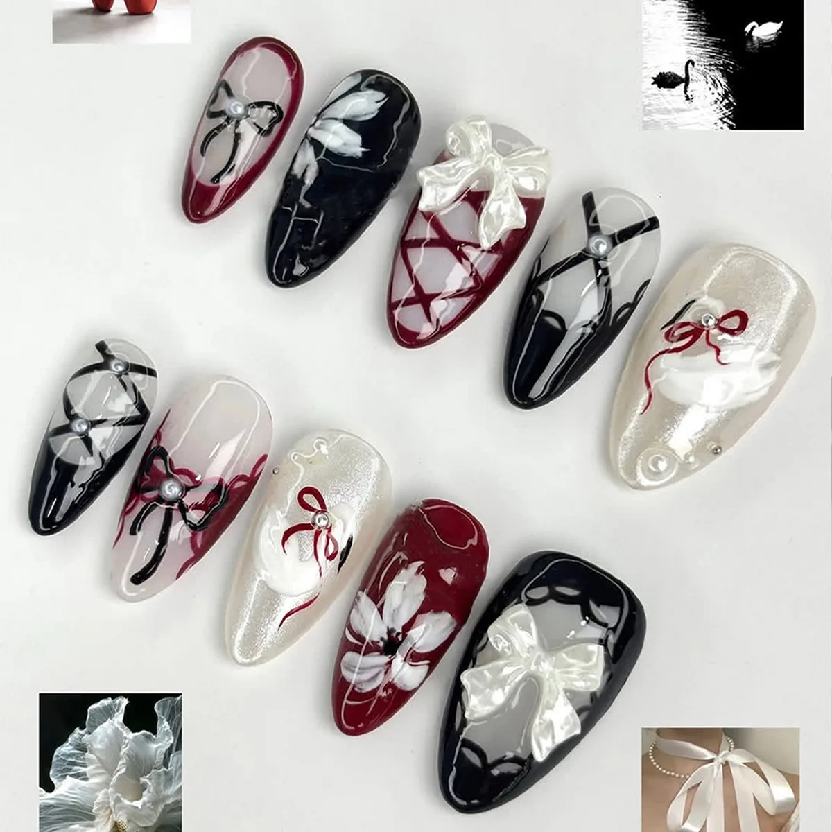 24 Stück Gothic-Comic-Stil Mandel-Kunstnägel mit Kleber, Dunkelrote Blumen, Französische Press-On-Nägel, Vollständige Abdeckung, Trendige Tragbare Nagelkunst