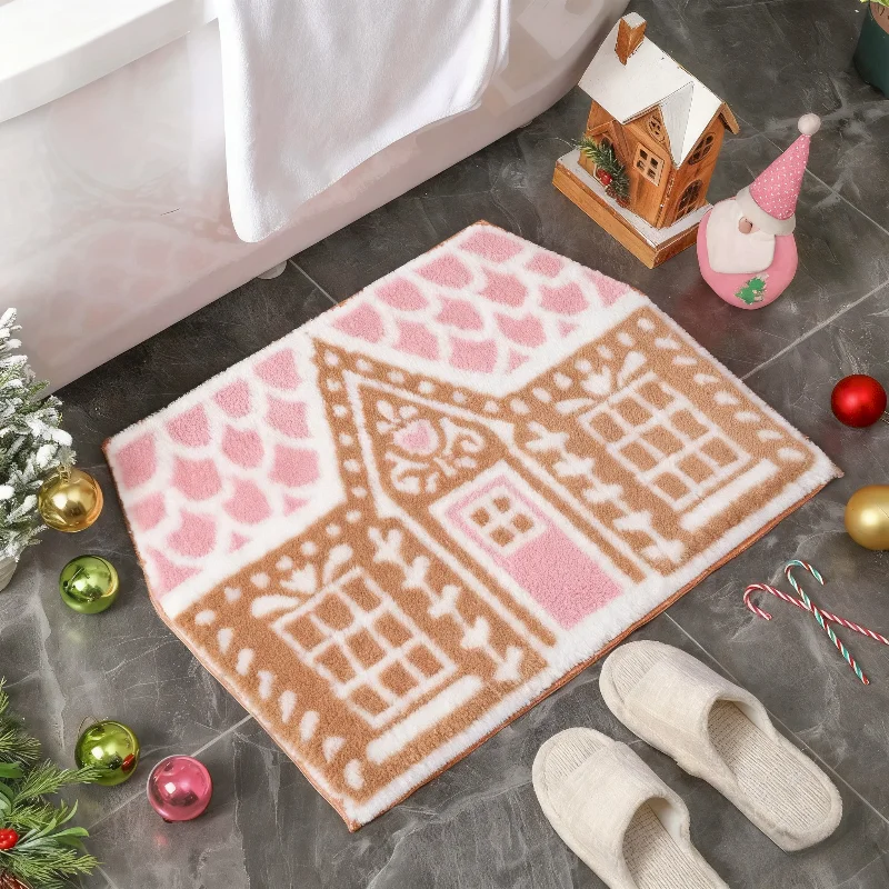 VIKAMA Pink Gingerbread House Christmas Floor Mat Soft Anti Slip Water Absorbing Carpet Entrance Home Decoration Door Mat