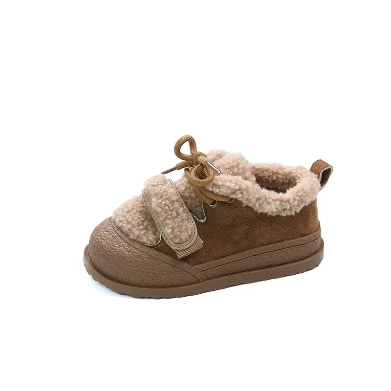 Chaussures de dehors Chaudes en Coton et Peluche d'Agneau pour Enfant Garçon et Fille, Souliers Confortables à Lacets à Semelle Souple, Nouvelle Collection Hiver 2024