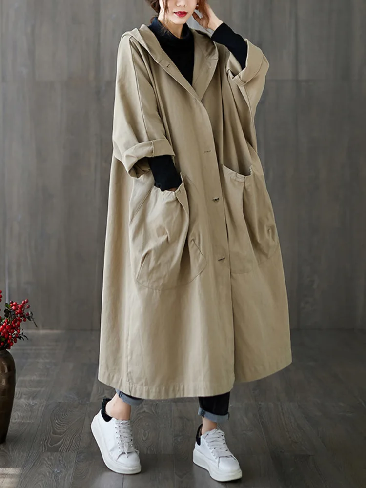 SHENGPALAE Hooded Long Trench Coats For Single Breasted Solid Color New 2024 Spliced Pockets Loose Casual Windbreaker 5C1719