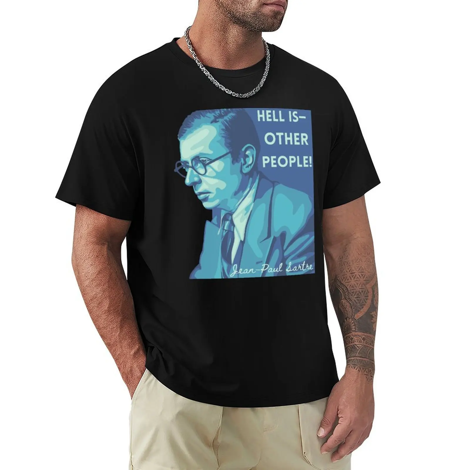 Jean-Paul Sartre Portrait and Quote T-Shirt Basic Simple Casual Short Sleeve Tee