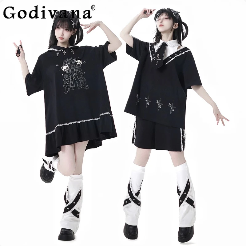 Japanese Girls Kawaii Short Dress Summer 2025 New Student Sweet Cool Cartoon Print Long Hooded T-shirt Shorts 2-piece Streetwear