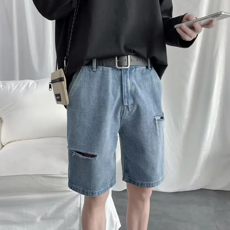 Summer Distressed Denim Shorts Men's Loose 5-Pocket Casual Streetwear Blue Black Grey