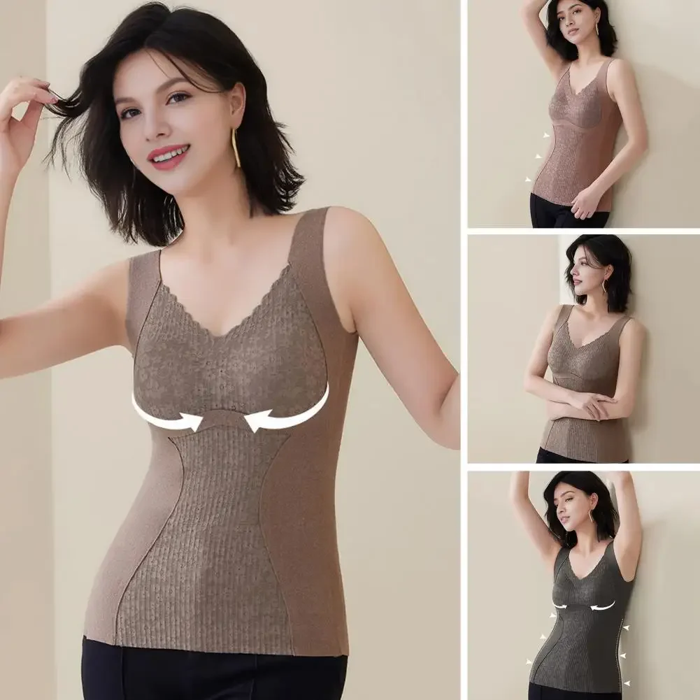 

С нагрудными подушечками, облегающий топ без рукавов, зимняя женская термомайка, бесшовное кружево с v-образным вырезом, быстрая температура, замок, отопление