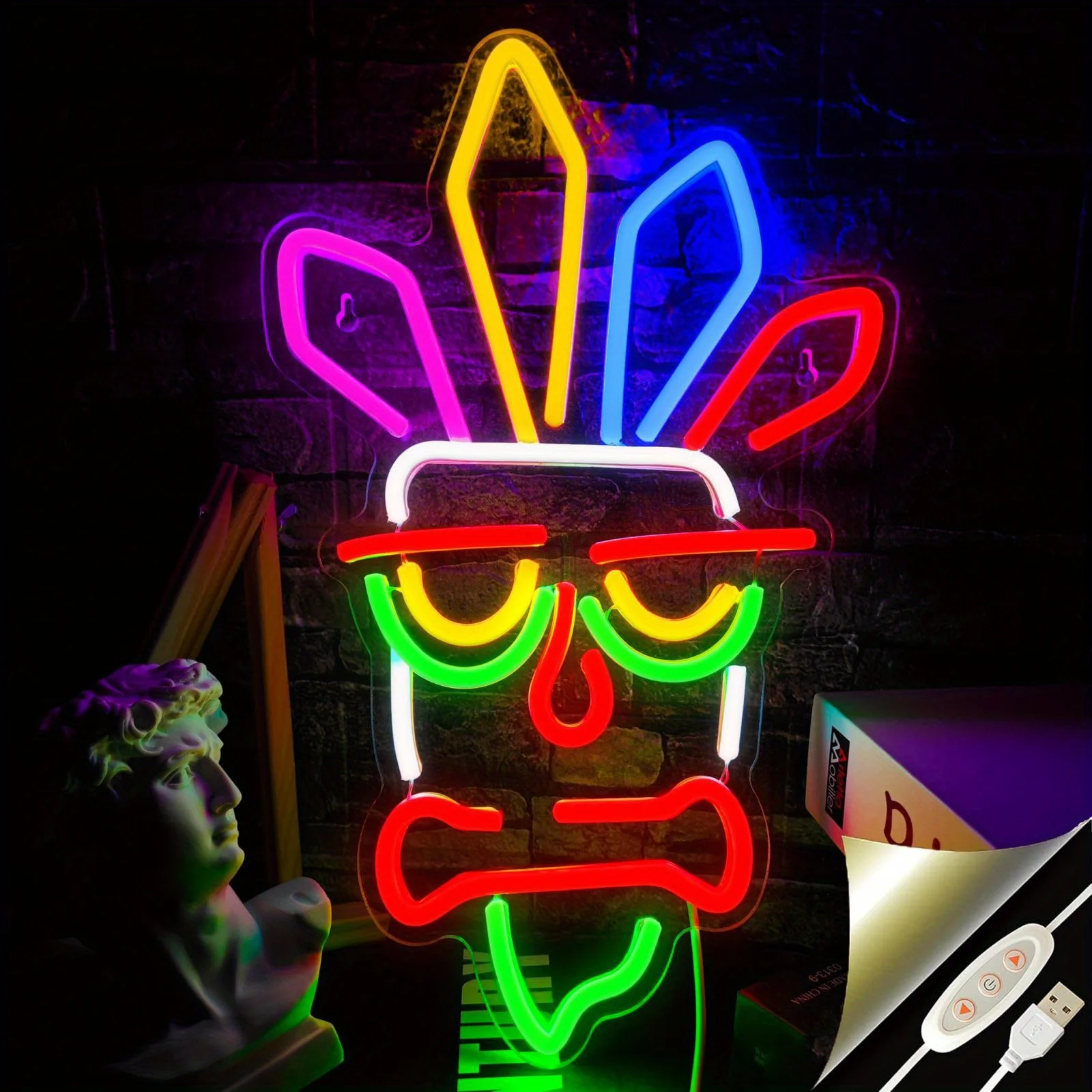 

Vibrant RGB LED Tiki Mask Neon Sign - USB-Powered Wall Decor for Game Rooms, Bars, Clubs & for Man Caves