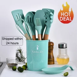 9/10/13Pcs Silicone Cooking Tools Set, Kitchen Utensils with Wooden Handle - Turner Soup Spoon Spatula Pasta Server Tongs Whisk