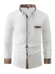Men's new fashionable long sleeved button up shirt with luxurious and business style, wearing a pocket top on the chest