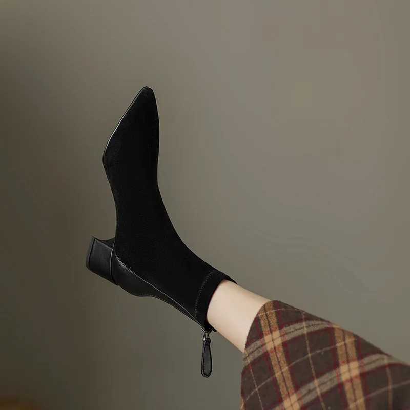 Women\'s Elastic Boots 2024 Autumn/winter New Pointed Suede Nude Color Non-slip Back Zipper High-heeled Fashion Boots Botas Mujer