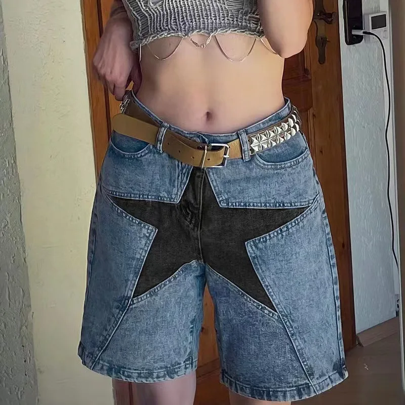 Vintage Color Blocking Star Patchwork Denim Shorts for Women Summer Casual Straight Leg Half Jeans Trendy Streetwear